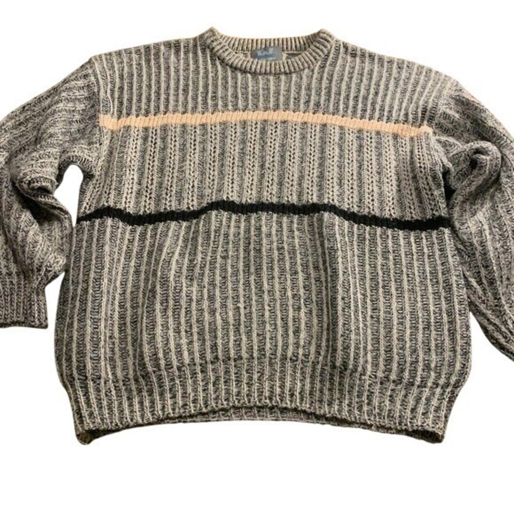 VTG Large Gray Striped Ribbed Knit‎ Sweater Oversized mens fisherman 90s grunge